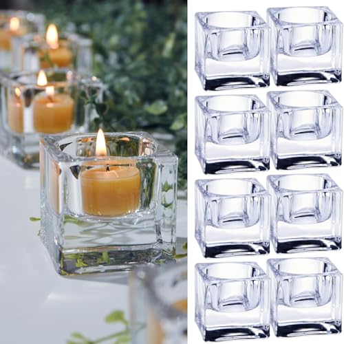Clear Glass Tealight Candle Holder, Square Candle Holder Set of 8, Table Centerpiece for Ceremony, Event,Wedding, Party Decor