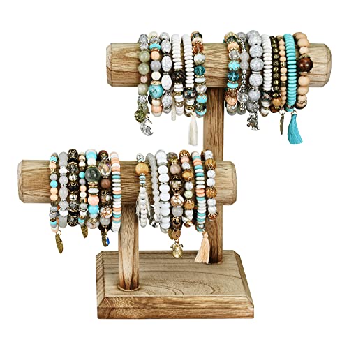 Ikee Design 2 Tier Wooden Jewelry Bracelet Watch Display Tower, Bangle Scrunchie Necklace Holder Storage Stand, Oak Color, 7.9 W x 4.3 D x 9.4 H in - color: Oak