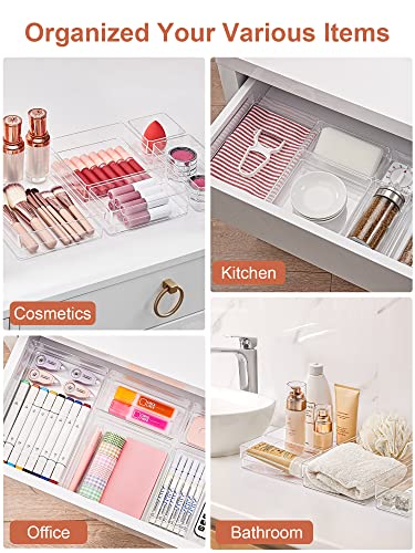 SMARTAKE 16-Piece Drawer Organizer with Non-Slip Silicone Pads, 5-Size Desk Storage Tray for Makeup, Jewelries, Utensils in Bedroom Dresser, Office and Kitchen, Clear - size: Medium