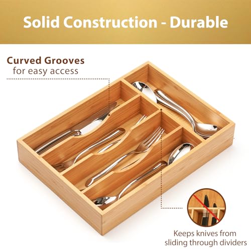 Umilife Bamboo Kitchen Drawer Organizer, 9 Inch Silverware Utensils Tray Holder for Small Drawer, Wood Caddy for Flatware Cutlery Knives - size: 9 x 13 inch (5 Slots)