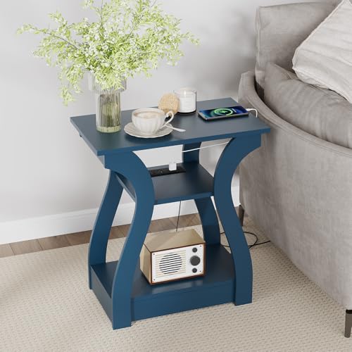 FROMJBEST End Tables Living Room, End Table end Table with Charging Station and USB,Navy Blue Side Table, Nightstand for Bedroom,3 Tier End Table with Storage Shelf for Living Room - color: Navy Blue