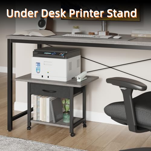 YAOHUOO 22"x15" Large Printer Stand with Storage Drawer, 2-Tier Under Desk Printer Table for Home Office, Printer Cart fit Fax Machine/3D Printer/Scanner(Gray) - color: Gray, size: 2-Tier