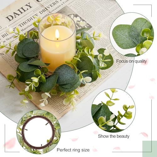 Yunlly 4 Pcs Candle Wreaths Rings Artificial Eucalyptus Wreaths Candle Holder Rings with LED Flameless Candles, 9.5" Wide for Wedding Windows Table Centerpieces, Green and White - color: Green and White, style: Classic