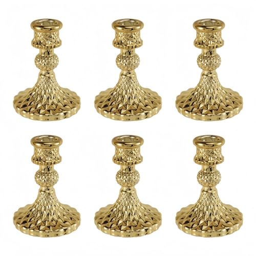 Glass Candlestick Holder,Striped Taper Candle Holders,Set of 6 Candle Stand for Table Centerpieces, Home Decor,Weddings,Festival and Parties (Gold Diamond) - color: Gold Diamond