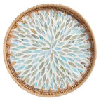 Round Rattan Tray with Mother of Pearl Inlay, Rattan Serving Tray for Coffee, Bread, Fruits, Decorative Wicker Tray for Table Decor, Home Decor, Kitchen Island Decor (Ambilight, 11.8")
