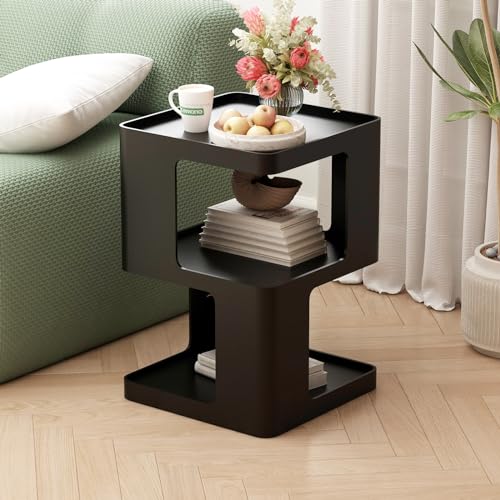 Metal Black Nightstands, Modern Side Table with 3 Tiers Storage, Small End Table for Couch, Bedside Tables No Assembly Required - color: Black, style: Modern