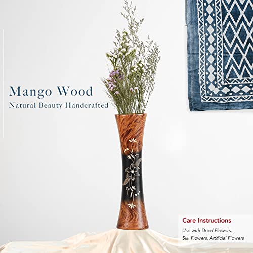AeraVida 14-Inch Mango Wood Jasmine Flower Carved Brown Vase Cylindrical Home Decor Accent for Tabletop Arrangements Handmade Rustic Indoor Display for Dried or Silk Flowers