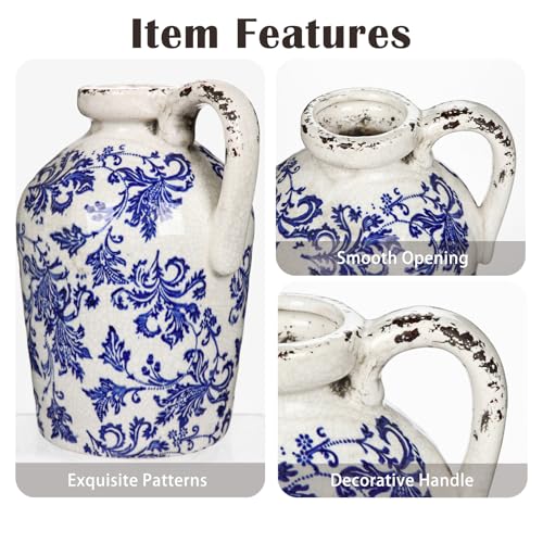 Ceramic Rustic Farmhouse Vase, 9 inch Ceramic Blue and White Vase for Centerpieces Pampas Grass Pottery Jug with Handle Boho Chinoiserie Decor Vintage Vases for Living Room Kitchen Dinner Table Shelf - color: Blue and White
