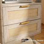 JOONEE Rattan Nightstand,Farmhouse Bedside Table with 2 Storage Drawer and Open Wood Shelf, for Bedroom and Small Spaces,Night Stand with Solid Wood Legs (Grey Oak) - color: Grey Oak
