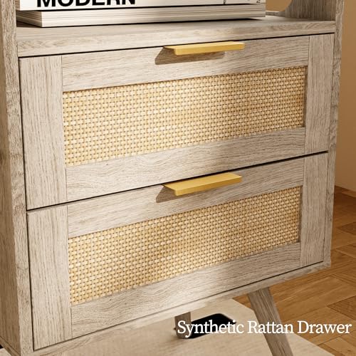 JOONEE Rattan Nightstand with Charging Station,Farmhouse Bedside Table with 2 Storage Drawer and Open Wood Shelf, for Bedroom and Small Spaces,Night Stand with Solid Wood Legs (Grey Oak-Outlet) - color: Grey Oak-outlet