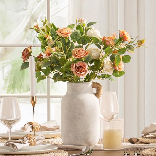 Ceramic Flower Vase Home Decor - Tall Large White Rustic Table Flowers Vases with Handle Living Room Bedroom Plant Decor Farmhouse for Kitchen Shelf Office Coffee Dining Desk (10.6" with Jute Rope) - color: 04-with Hemp Rope-10.6" Plus