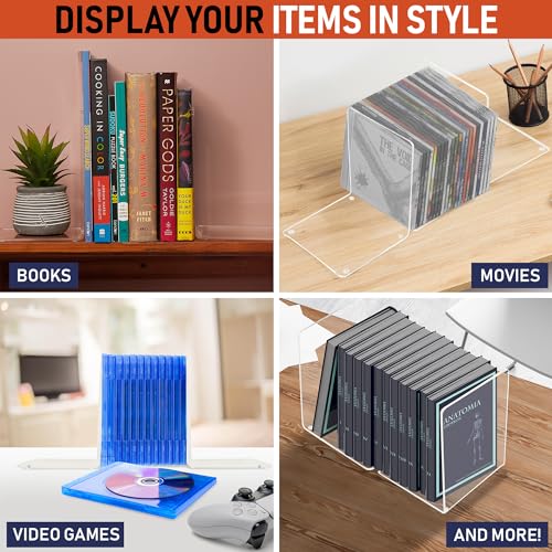 Acrylic Bookends, 2 Pairs of Clear Invisible Ends for Shelves, 4mm Heavy-Duty Non-Skid Holders for DVDs, CDs, Video Games, and Books. Stoppers for Home, Office, or Library Organization (Clear) - color: Clear