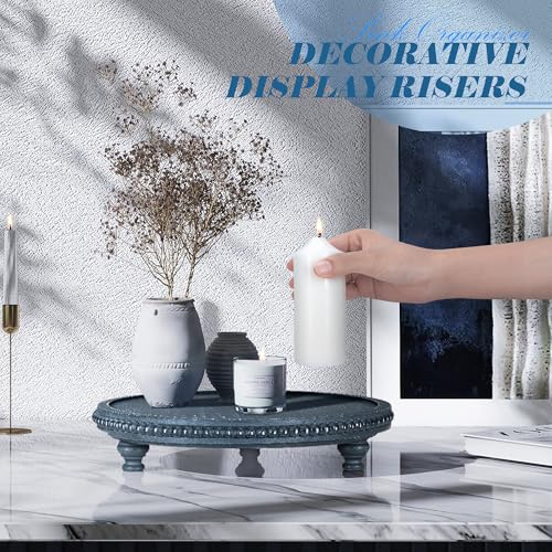 EOSAHR Round Pine Wooden Display Riser - Beaded Wood Riser for Plant Holder & Kitchen Sponge Holder, Perfume Stand Organizer - Rustic Farmhouse Style Kitchen Counter Decor, Boho Home Aesthetic (Blue) - color: Blue