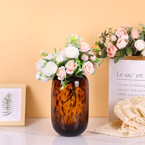 10.3in Amber Vase,Tortoise Shell Decor,Brown Glass,Round Art,Modern Clear Glass Vase,Decorative Bottles for Home Decor,Farmhouse Centerpiece,Wide for Living Room, Kitchen,Office, Dining (L) - size: Large