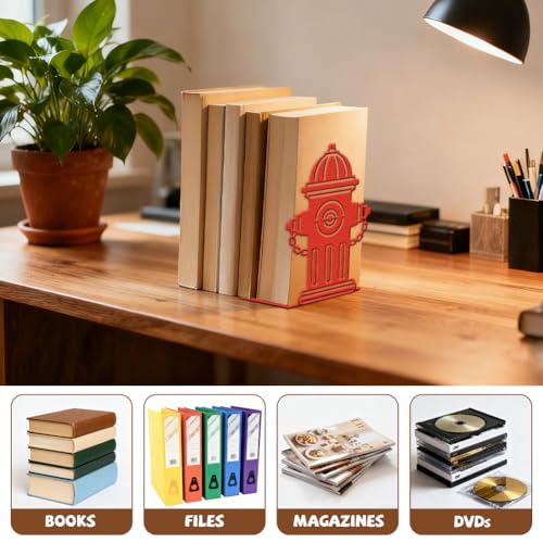 Peacoblue Metal Bookends for Shelves, Modern Decorative Heavy Duty Study Book Ends Stoppers for Office, Desk, Shelf, Room 5.3"x4.3"x7.9" Cast Iron Simple Tall Bookends 1 Pair (Red Fire Hydrant) - style: Red Fire Hydrant