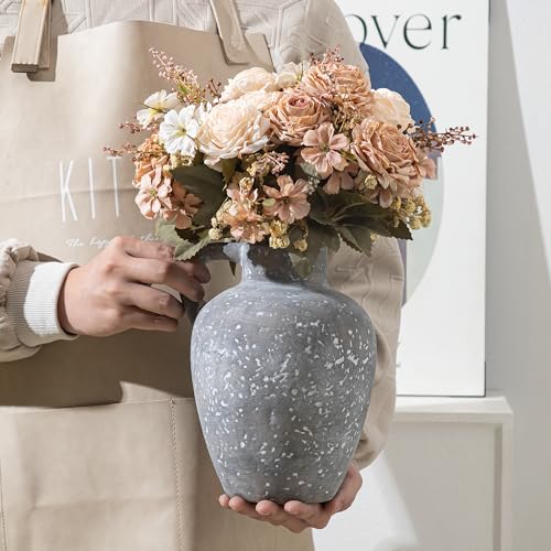 Ceramic Decorative Flower Vase with Handle, 8.85 Inch Pottery Rustic Farmhouse Vase for Home Decor, Living Room, Shelf Decor, Wedding, Housewarming Gift - color: Farmhouse-8.85 In-2