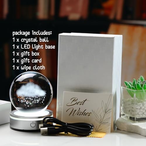 Arikyrist 3.15in. 3D Cloud and Rains Crystal Ball Gifts for Women Men, K9 Crystal Decorative Ball Engraved Cloud and Rains Figurine Paperweight with LED Light Base for Home Office Decoration - color: Cloud and Rains
