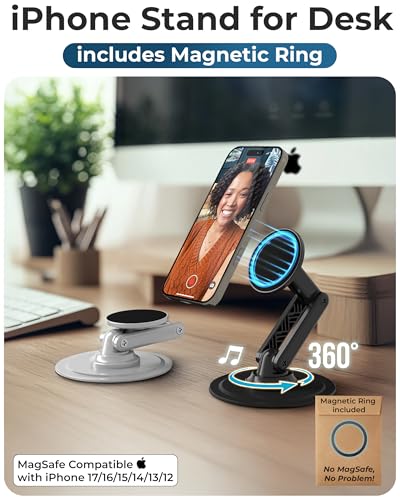 COOPER Mag360, Desktop MagSafe Stand for iPhone 17 Pro Max (16/15/14/13/12), Magnetic Phone Holder for Desk, 360° Rotating, Height Adjustable, Magnetic Phone Stand for Desk, with Metal Ring (White) - color: Cream White