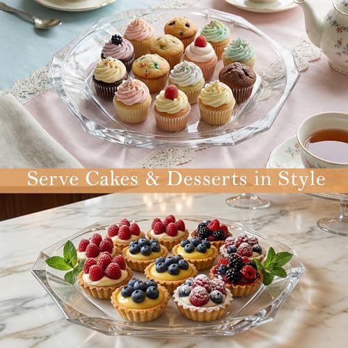 Patisserie Cake Glass Serving Platter 12” (30 cm) – Elegant Clear Presentation Plate for Cake, Desserts, Cheese, Appetizers & Table Decor (Hexagonal 12'')