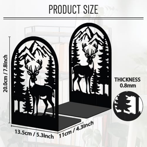 WADORN 1 Pair Forest Deer Metal Bookends for Shelves Decorative, Rustic Mountain Forest Heavy Duty Metal Decorative Book Ends Non-Skid Black L-Shaped Book Stopper for Library Home, 5.3x4.3x7.9 Inch