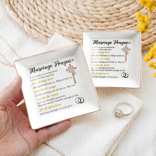 Christian Wedding Gifts for Couple, Marriage Prayer 4" Ceramic Jewelry Dish for Women, Religious Wedding Gift for Newlyweds, Wife - Married Couples Anniversary - Mr & Mrs, Bridal Shower Gift - color: Marriage Prayer