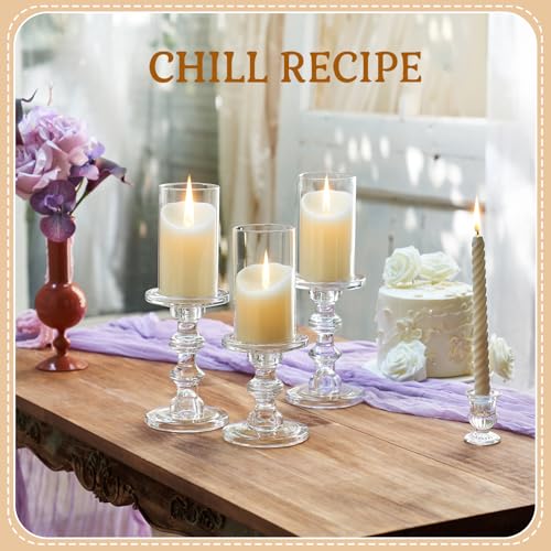 CHILL RECIPE Glass Candle Holder Set of 3, Big Heavy Tall Crystal Candlestick Holder for Pillar Candles Taper Candles, Christmas Decoration Wedding Table Dinning Church Centerpiece - color: Clear