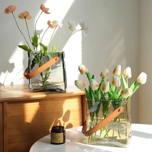 Handmade Leather - Handle Handbag - Style Glass Vase - Simple Elegance for Your Space(Amber) - color: Amber