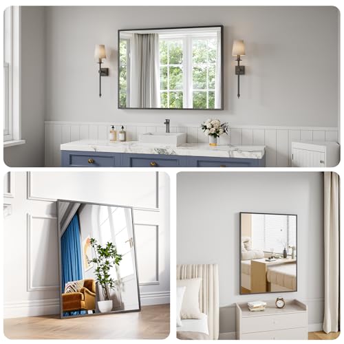 Koonmi Bathroom Mirror for Wall, 30"x40" Black Bathroom Mirror for Over Sink, Shatterproof Tempered Glass Vanity Mirror with Anti-Rust Aluminum Alloy Frame, Hang Horizontally or Vertically - color: Square Edged, size: 40"L x 30"W