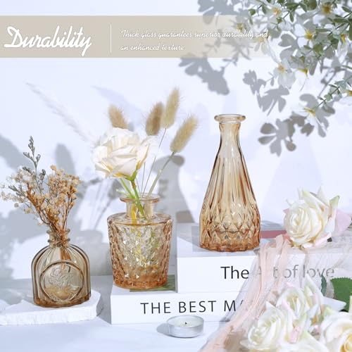 TBWIND Glass Bud Vase Set of 5, Small Amber Flower Vases for Centerpieces in Bulk, Mini Vintage Vase for Wedding Decor, Single Flowers, and Home Table Décor - color: 5pcs-amber