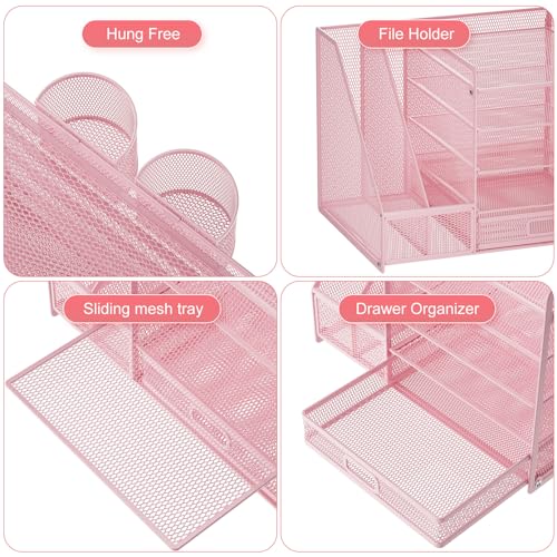 Marbrasse Desk Organizer with File Holder, 5-Tier Paper Letter Tray Organizer with Drawer and 2 Pen Holder, Mesh Desktop Organizer and Storage with Magazine Holder for Office Supplies(Pink) - color: Pink