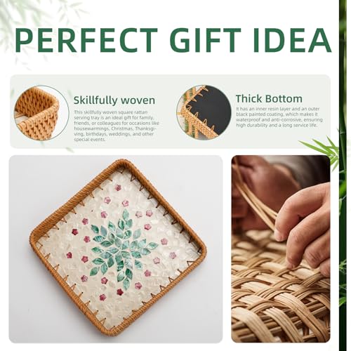 1 pcs Rectangle Rattan Serving Tray with Mother of Pearl Inlay, Decorative Wicker Tray for Coffee, Bread, Fruits, Elegant Table Decor for Living Room & Dining Room - color: Beige - Green & Pink Garden