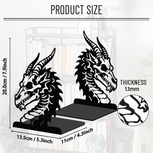 WADORN 1 Pair Fantasy Dragon Decorative Bookends, Gothic Dragon Bone Heavy Duty Metal Book Stands Black Novelty Non-Skid Book Stopper for Library Home Office Dorm Reading Room, 5.3x4.3x7.9 Inch - color: Fantasy Dragon Head