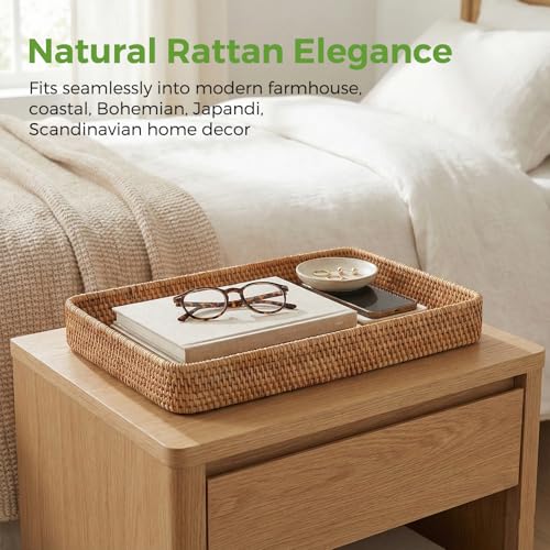 Wicker Storage Basket, Rattan Tray Rectangular for Bathroom Living Room, Decorative Serving Woven Trays Wicker Baskets for Organizing, Woven Seagrass Tray for Storage Home Decor L(14.6" × 9.1") - style: M (14.6" × 9.1")