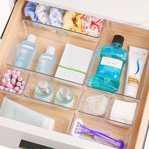 Vtopmart 72 PCS Clear Plastic Drawer Organizers Set, 4-Size Versatile Bathroom and Vanity Organizer Trays, Non-Slip Storage Containers for Makeup, Jewelries, Bedroom，Kitchen Utensils and Office