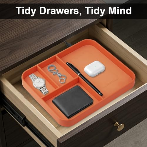 VOVIPO Faux Leather Valet Tray,with 2 in 1 Wireless Charging Compitable With iPhone/17/16/15/15 Plus/15 Pro/15 Pro Max/14/13/12/Wireless earphones,Office/Home Desk Organizers Tray-Orange - color: Orange
