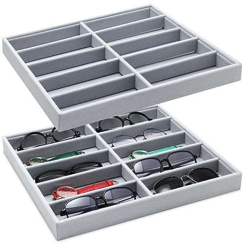 Batiyeer Sunglasses Organizer Storage Tray 10 Grids Eyewear Watch Holder Display Stackable Ice Velvet Tray Women (Gray,2 Pcs) - color: Gray