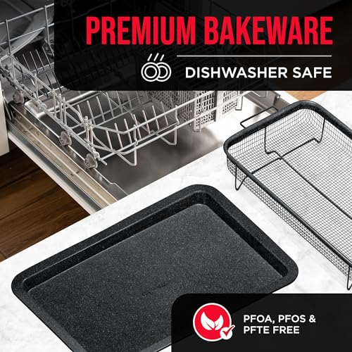 Bakken-Swiss Crisper Tray, Non-Stick Gray Marble | Healthier Cooking | For Regular Ovens | 2-Piece Set, Pack of 4 - color: Gray Marble, size: 9.5" x 13" (Pack of 4)