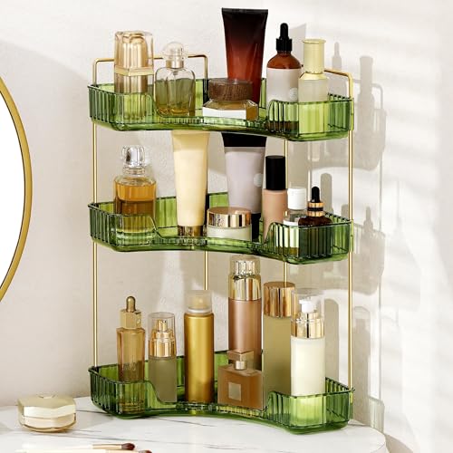 YCIA&DONE Corner Bathroom Counter Organizer, Makeup Organizer for Vanity, Skincare Cosmetic Perfume Tray, Corner Countertop Shelf Rack Storage for Bathroom Kitchen 3 Tiers (Vintage Green) - color: Green, size: 3-Tier