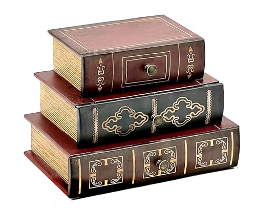 Bellaa 28076 Book Box with Drawers Hidden Storage Trinket Keepsake Decorative Bookends Vintage Antique Flux Leather Wood Organizer Retro Farmhouse Boho Home Decor - style: Vintage
