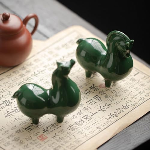 Green Horses Statue - Small Ceramic Décor Artwork - 2pcs Sculpture for Home Office - Surprising Horse Gifts for Horse Lovers