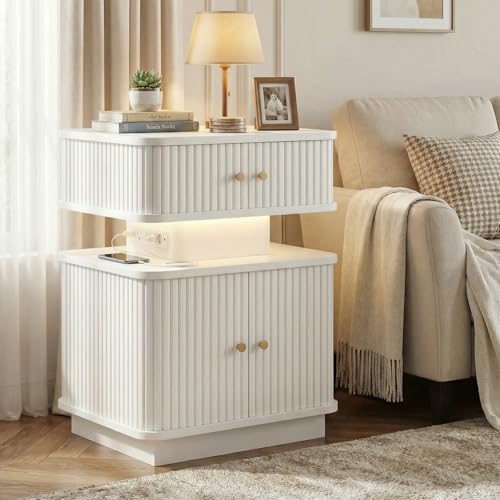 LED Light End Table with Charging Station, White Mid Century Bedside Table with USB Type A C Ports, Small Fluted Accent TV Control Nightstand with 2 Sliding Door for Living Room, Curvy Edge - color: White