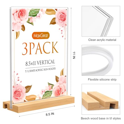 MaxGear L/T Shape Acrylic Sign Holder, 8.5 X 11 Clear Table Display Stand with Wooden Base, Flyer Menu Holder Photo Frames Paper Stand for Office, Wedding, Restaurants, Hotels 3 Pack - size: 8.5''x11'', style: 3 Pack