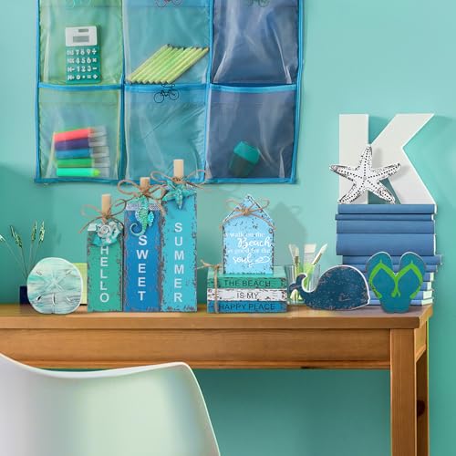 Vercraft 11 Pcs Summer Beach Table Decorations Ocean Tiered Tray Decor Summer Centerpiece Decorative Wood Books Table Top Decor Starfish Wooden Sign for Home Party Supplies (Ocean) - style: Ocean