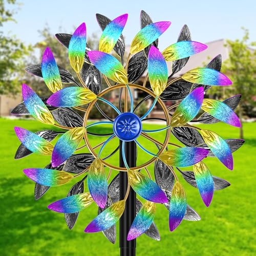 Metal Outdoor Wind Spinner, 2-Way Wind Sculpture Spinner with Metal Stake, Waterproof 360 Degrees Kinetic Windmill Art Decoration for Patio Garden Lawn (A- Colorful) - color: A- Colorful