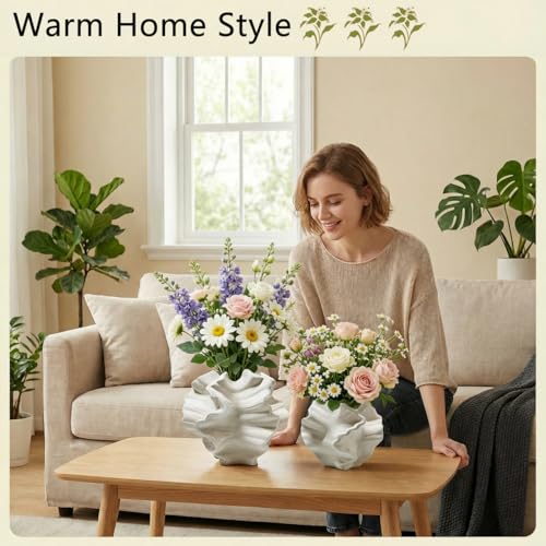 Ceramic Vase, Set of 2 White Vases for Home Decoration, Flower Vase Minimalist Nordic Boho Style for Modern Farmhouse Decor, Living Room; Kitchen; Bedroom; Dining Table; Office;Coffee Table - color: 2 White Ceramic Vases