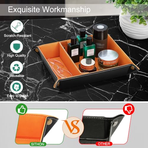 SITHON Valet Tray Desktop Storage Organizer, Removable 2 Compartments Catchall Tray Bedside Vanity Nightstand Caddy Holder Desk Storage Plate, Orange - color: Orange