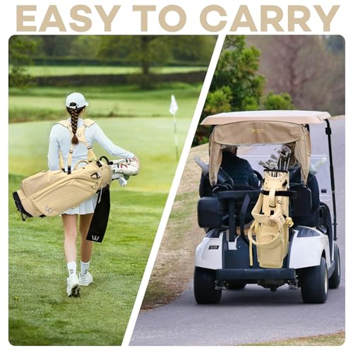 Luxury Womens Golf Bag, PU Leather Golf Stand Bag for Women/Ladies, 14-Way Full-Length Top Dividers, Ultra Lightweight, Large Pockets for Accessories - color: Sandstone