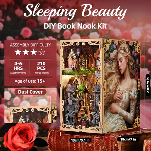 MiniCity Book Nook Kit for Adults, DIY 3D Wooden Puzzle Booknook Bookshelf Insert Decor with LED Light and Dust Cover (Sleeping Beauty) - style: Sleeping Beauty