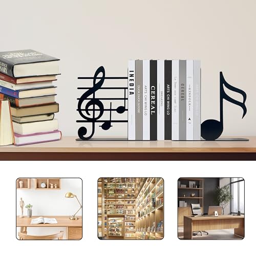 Ecqizer Music Themed Book Ends,Musical Note Bookend,Metal Bookend,Bookends Decorative,Home Decorative Bookends,Bookshelf Holder,Gifts for Music Lovers,Music Teacher and Women, Black
