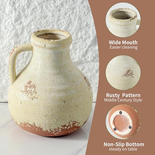 Ceramic Flower Vase Home Decor - 7.1 Inch Farmhouse Vases Rustic Vintage Living Room Kitchen Bedroom Decorations for House Book Shelf Office Coffee Desk Dining Fireplace - color: 204-3-7.1in